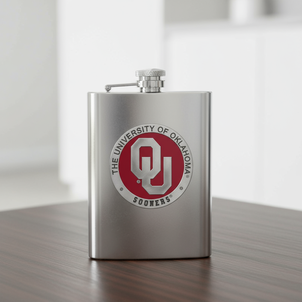 Stainless steel flask with The University of Oklahoma Sooners logo on a white background
