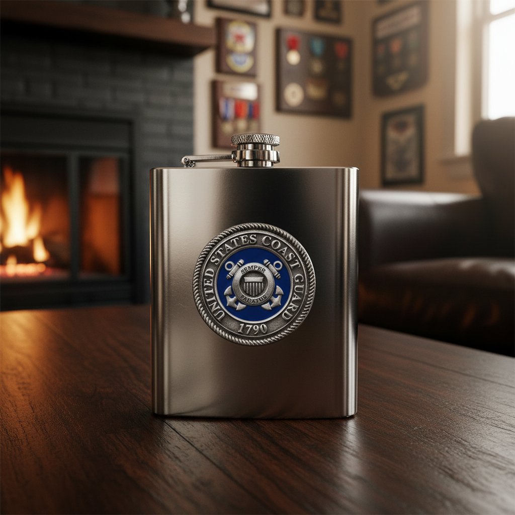 U.S. Coast Guard 8oz Stainless Steel Flask - USA Fine Pewter Emblem