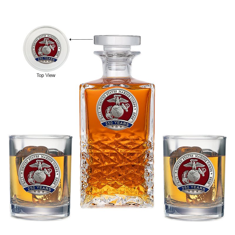 Official USMC 250th Anniversary Heritage Decanter Set – Fine Pewter Emblem
