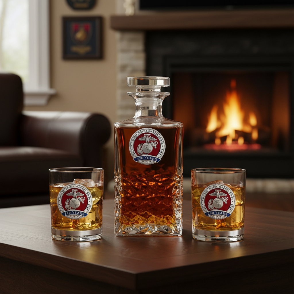Official USMC 250th Anniversary Heritage Decanter Set – Fine Pewter Emblem