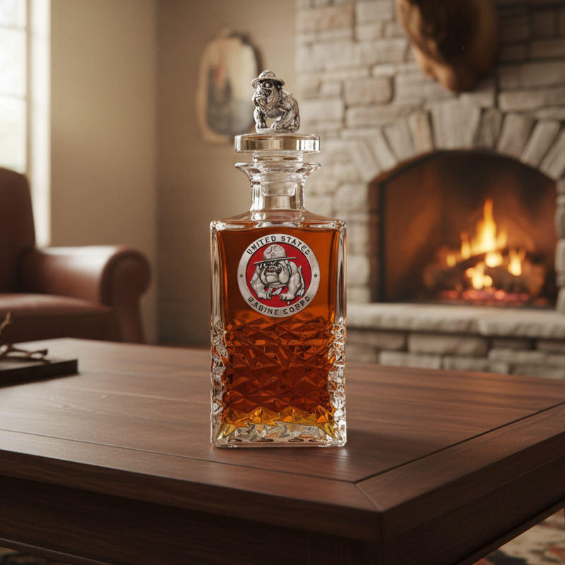 USMC Heritage Whiskey Decanter - Fine Pewter Bulldog & 3D Sculpted Top