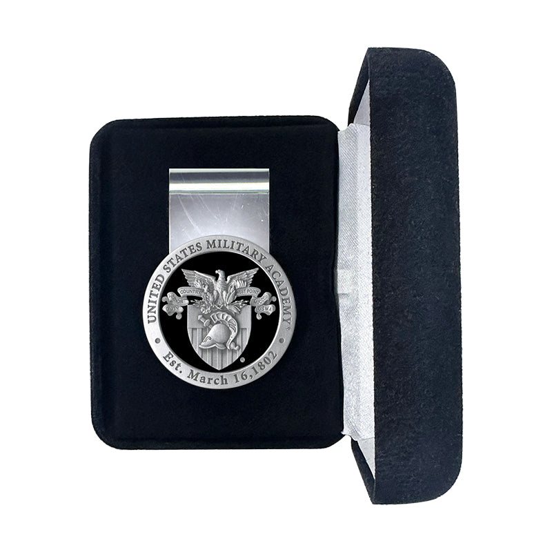 United States Military Academy Silver money clip with emblem in a black box on a white background