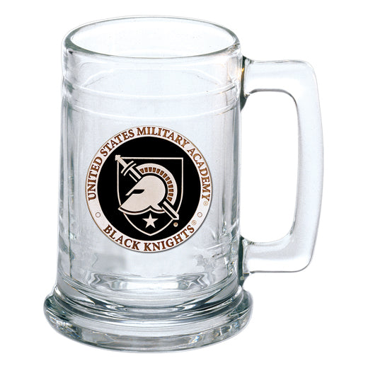 A clear glass stein with a white handle featuring a 3D pewter casting of the United States Military Academy Black Knights logo.