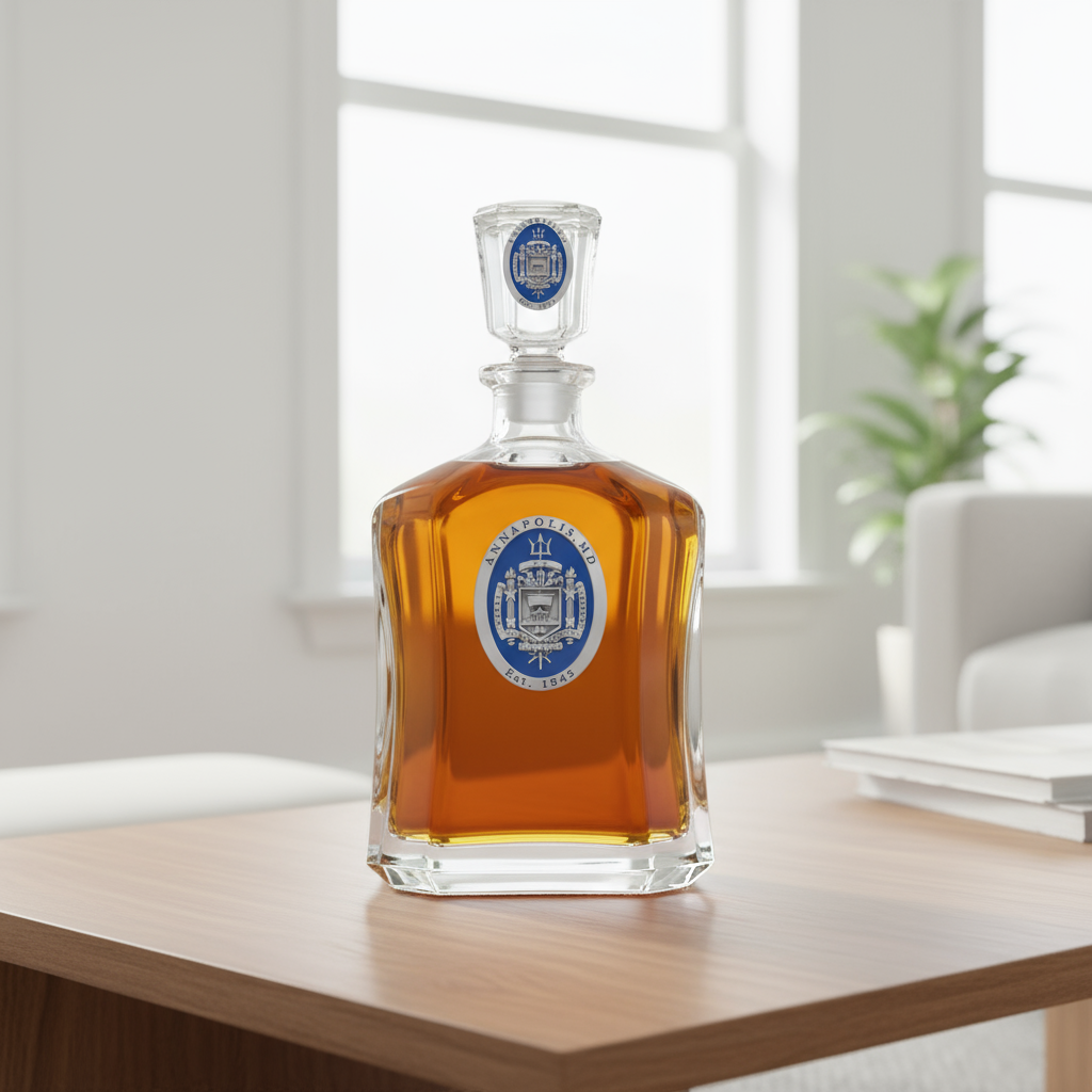 United States Naval Academy Crest Capitol Decanter with a logo on a white background