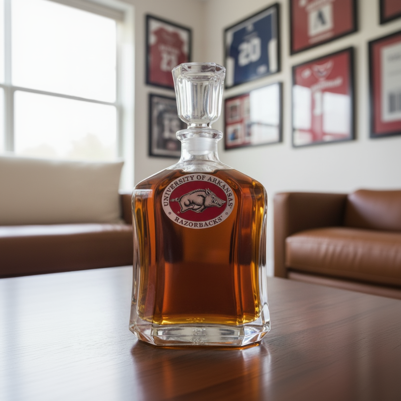 Bottle of University of Arkansas Razorbacks whiskey on a table with sports-themed decor in the background.