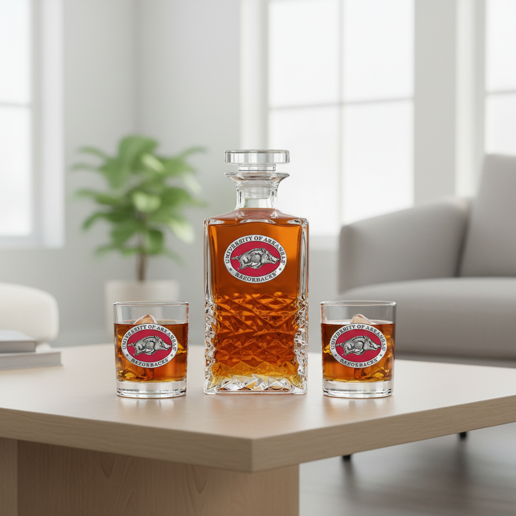 Whiskey decanter and two glasses with University of Arkansas Razorbacks logo on a white background