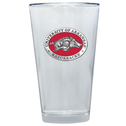 Clear glass with University of Arkansas Razorbacks logo on a white background