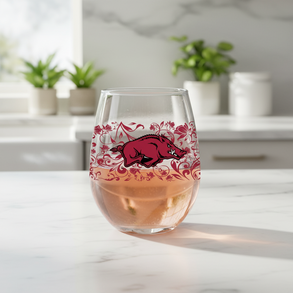 A 15oz stemless wine glass with a floral design featuring a red and white color scheme and the University of Arkansas Razorbacks logo.