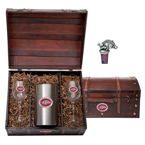 Wine glass set with tumbler and cork stopper in a wooden chest
