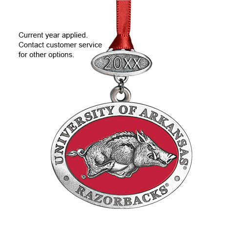 University of Arkansas Razorbacks ornament with red ribbon and silver tag.