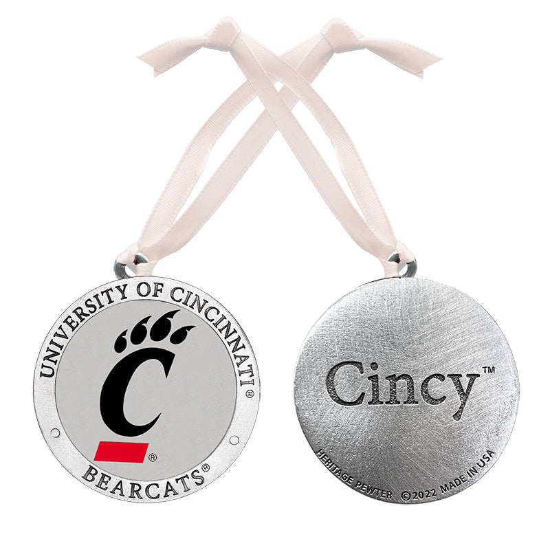 Silver ornament with University of Cincinnati Bearcats logo and 'Cincy' text on a white background