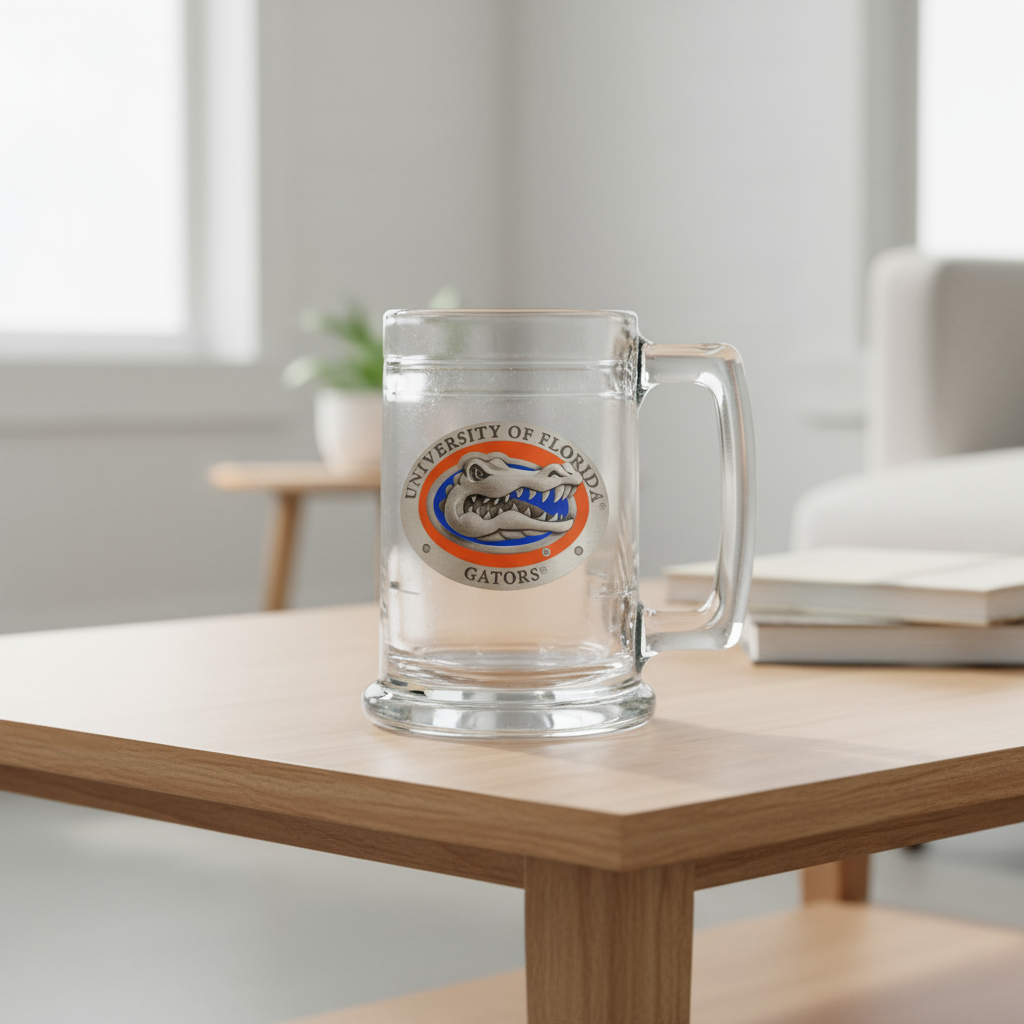 Clear glass mug with University of Florida Gators logo on a white background