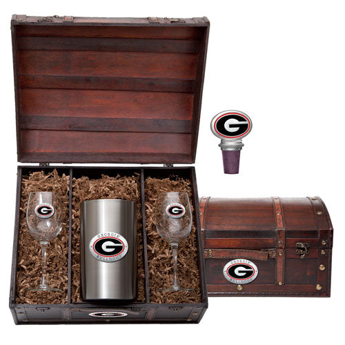 Wine accessory set with tumblers, glasses, and a bottle stopper in a wooden chest.