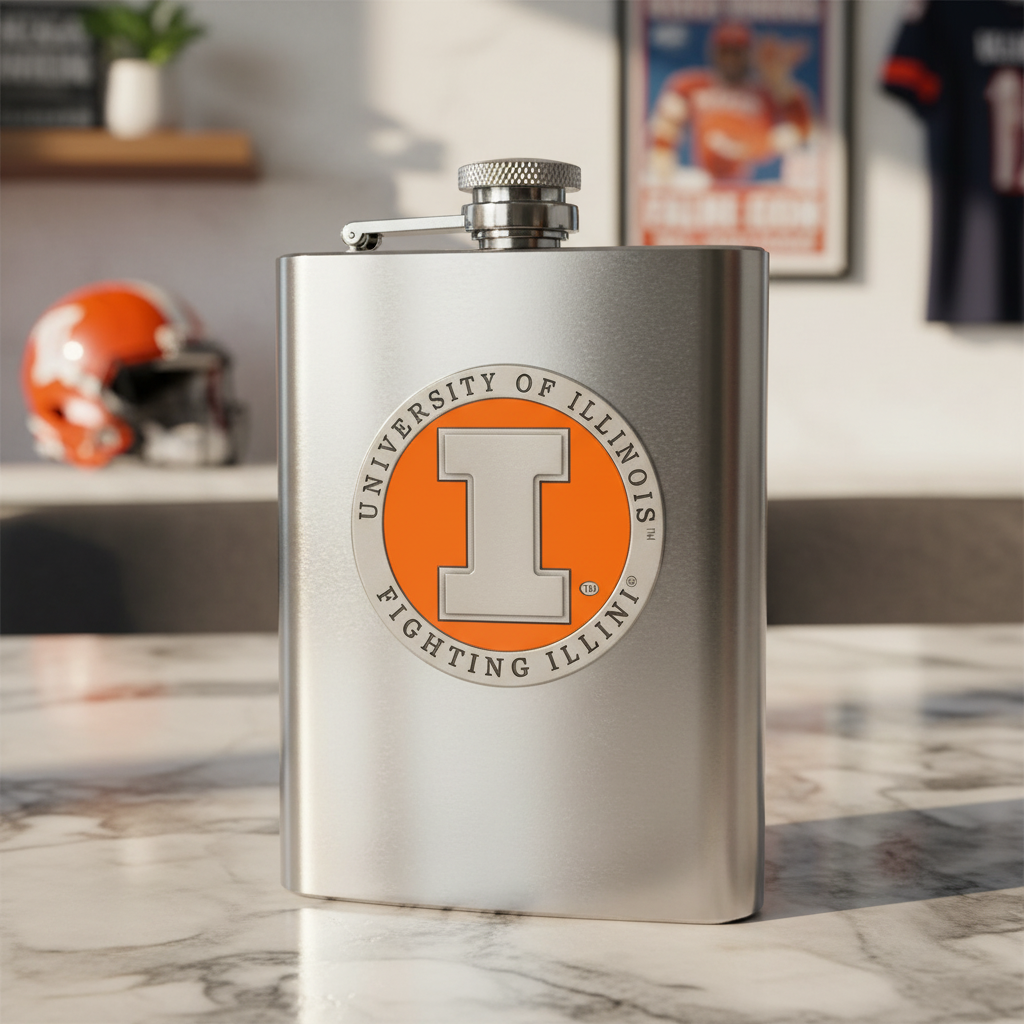 Stainless steel flask with University of Illinois logo on a white background