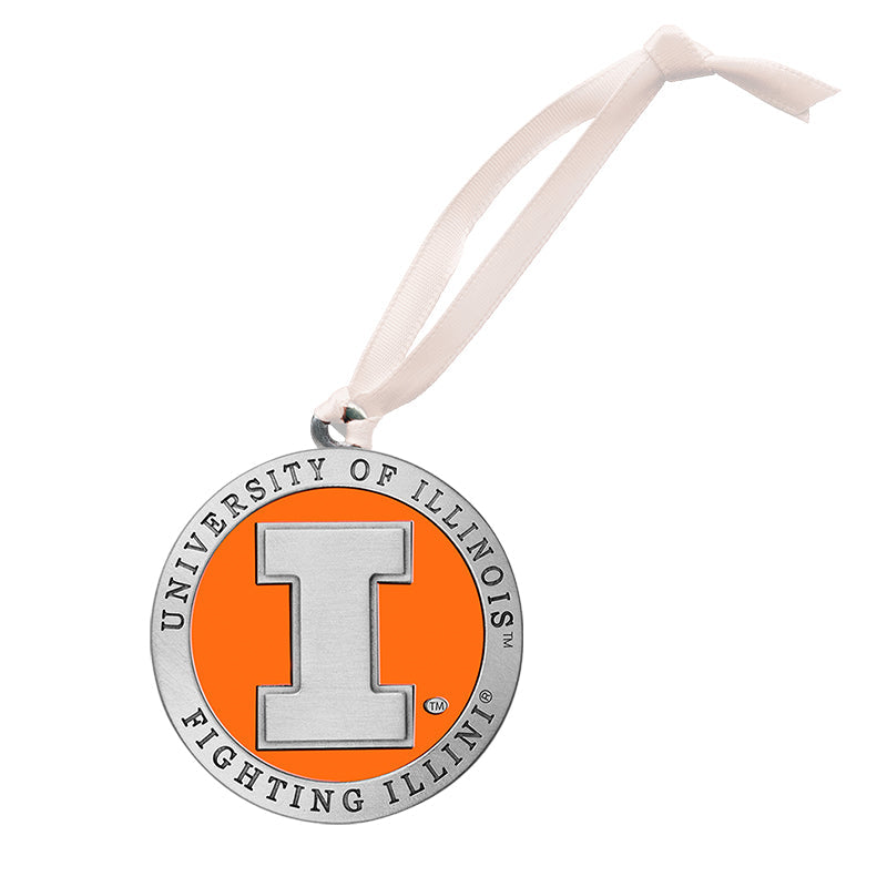 Decorative ornament with 'University of Illinois Fighting Illini' text on an orange and silver design.