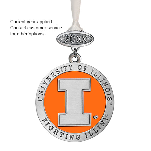 University of Illinois Fighting Illini ornament with orange and silver design on a white background