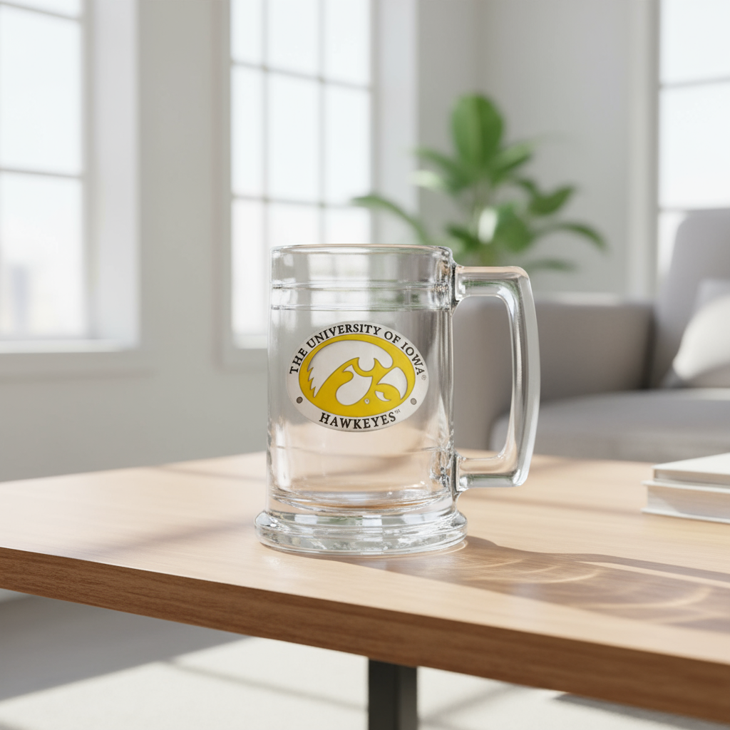 Clear glass mug with University of Iowa Hawkeyes logo on a white background