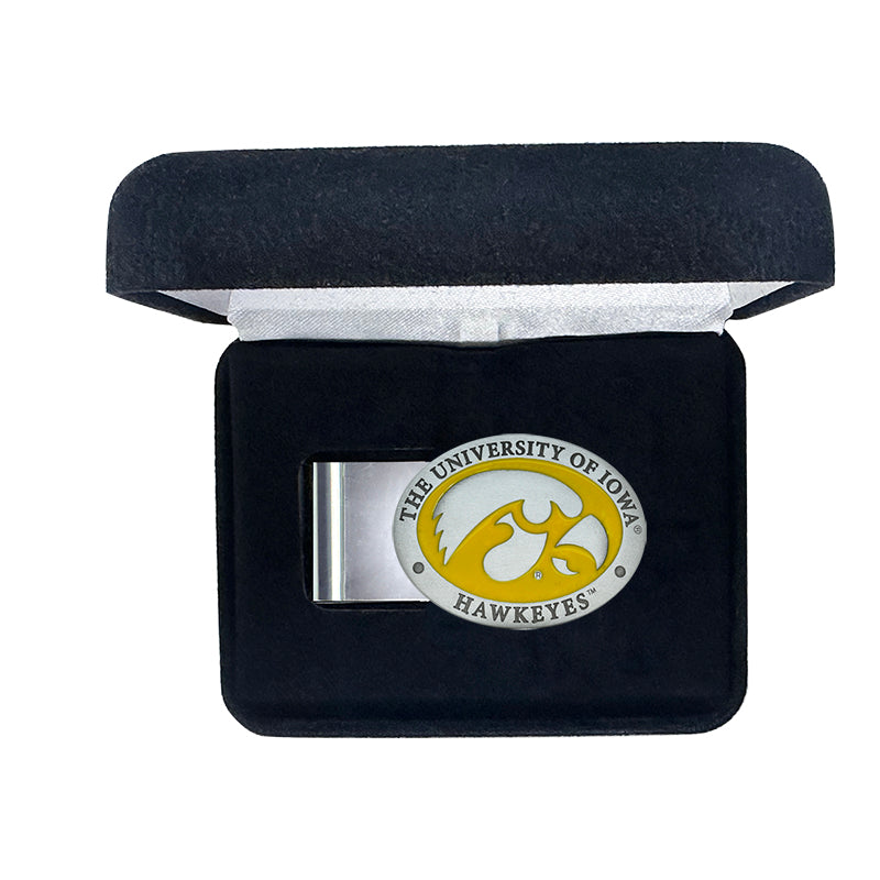 University of Iowa Money clip with Iowa Hawkeyes logo in a black box on a white background