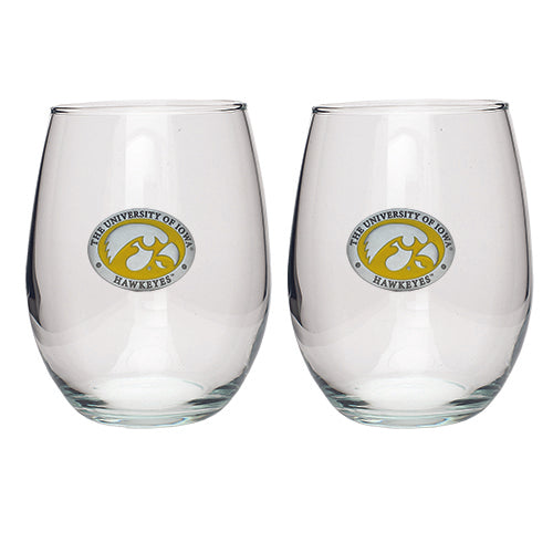 University of Iowa Two clear stemless wine glasses with a logo on a white background