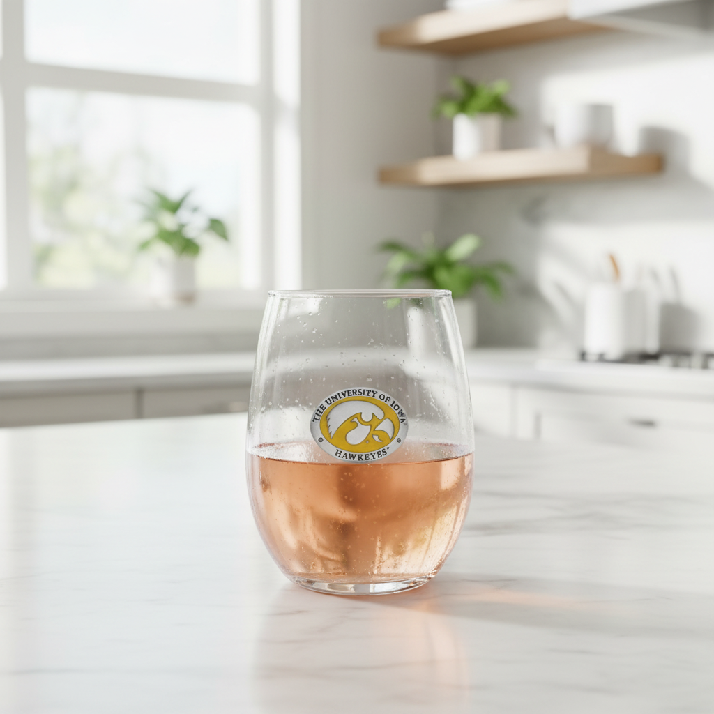 University of Iowa Two clear stemless wine glasses with a logo on a white background