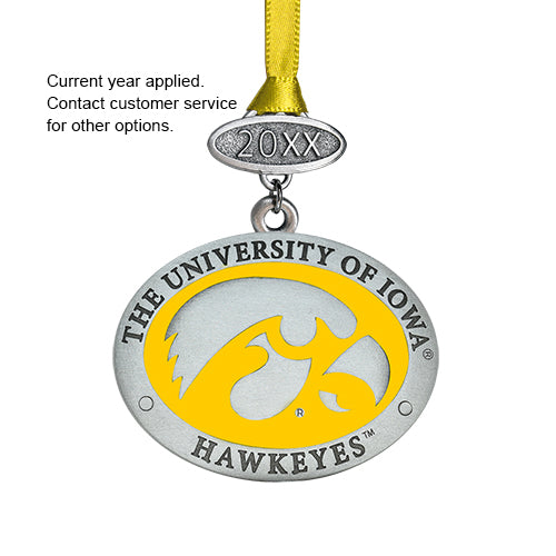 University of Iowa Hawkeyes ornament with yellow and silver design on a white background