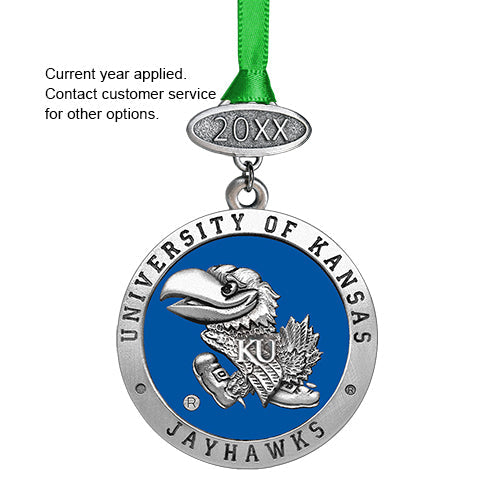 University of Kansas Jayhawks ornament with green ribbon on a white background