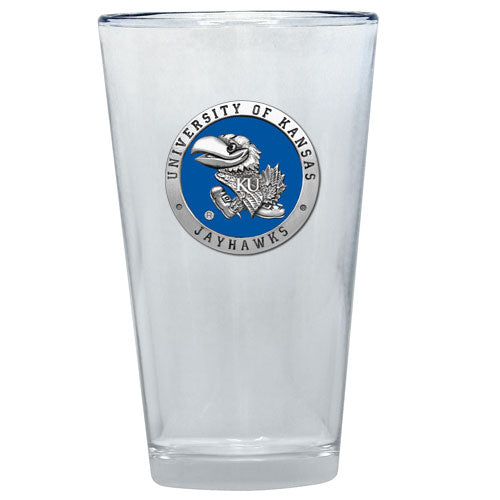 Clear glass with University of Kansas Jayhawks emblem on a white background