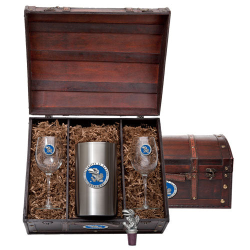Wine glass set with a tumbler and bottle stopper in a wooden box on a white background