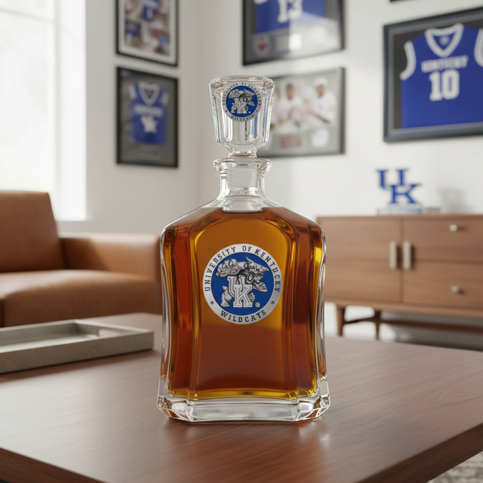 Glass decanter with University of Kentucky logo on a white background