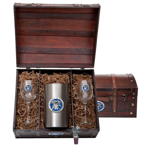 Gift set with a silver tumbler and two wine glasses in a wooden box.