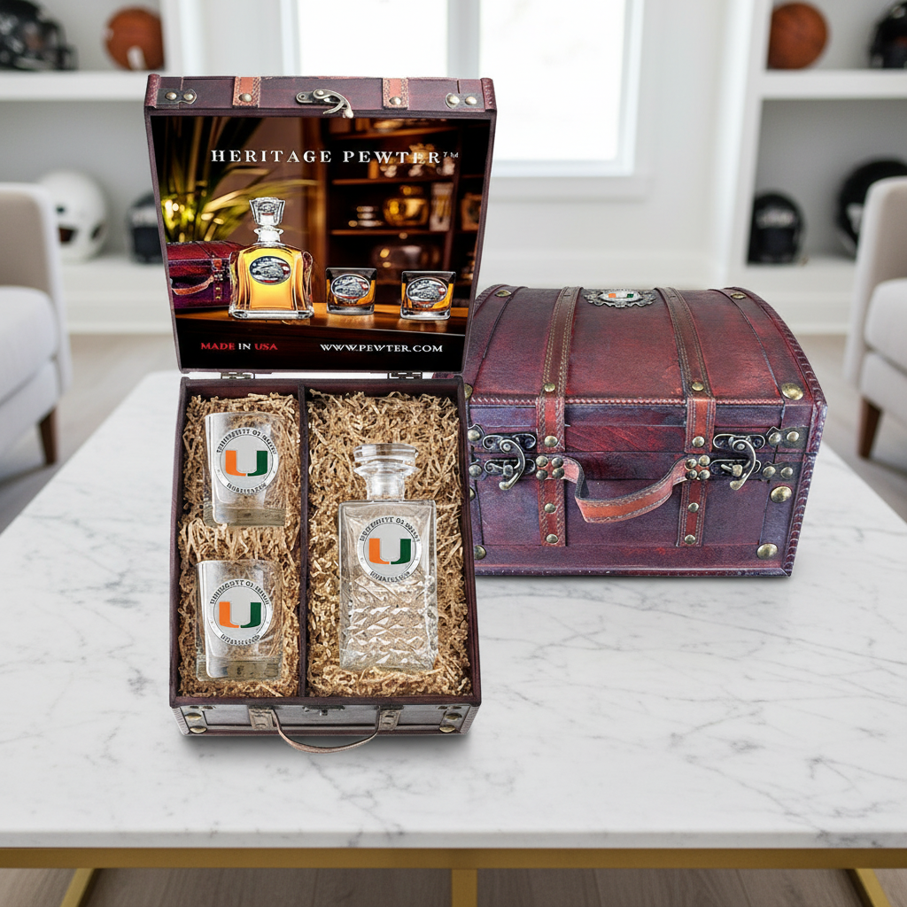 University of Miami Heritage Decanter and 2 Glasses with Chest Box