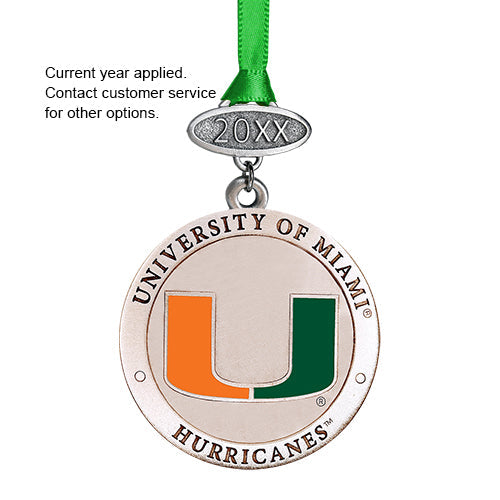 University of Miami Hurricanes ornament with green ribbon and year tag on a white background
