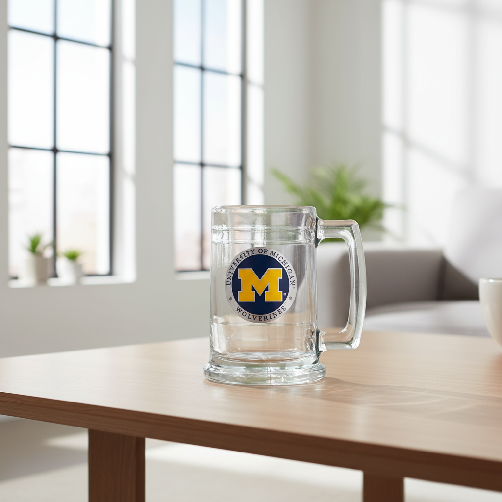 Glass mug with University of Michigan Wolverines logo on a white background