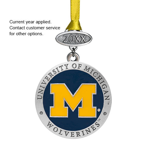 University of Michigan Wolverines ornament with yellow 'M' on a white background