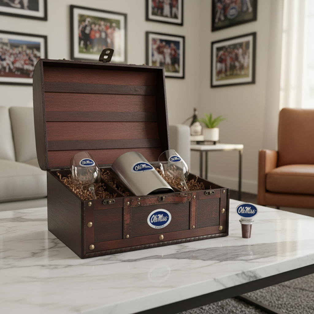 Gift set with 'Ole Miss' branding including a tumblers, glasses, and a bottle opener in a wooden chest.