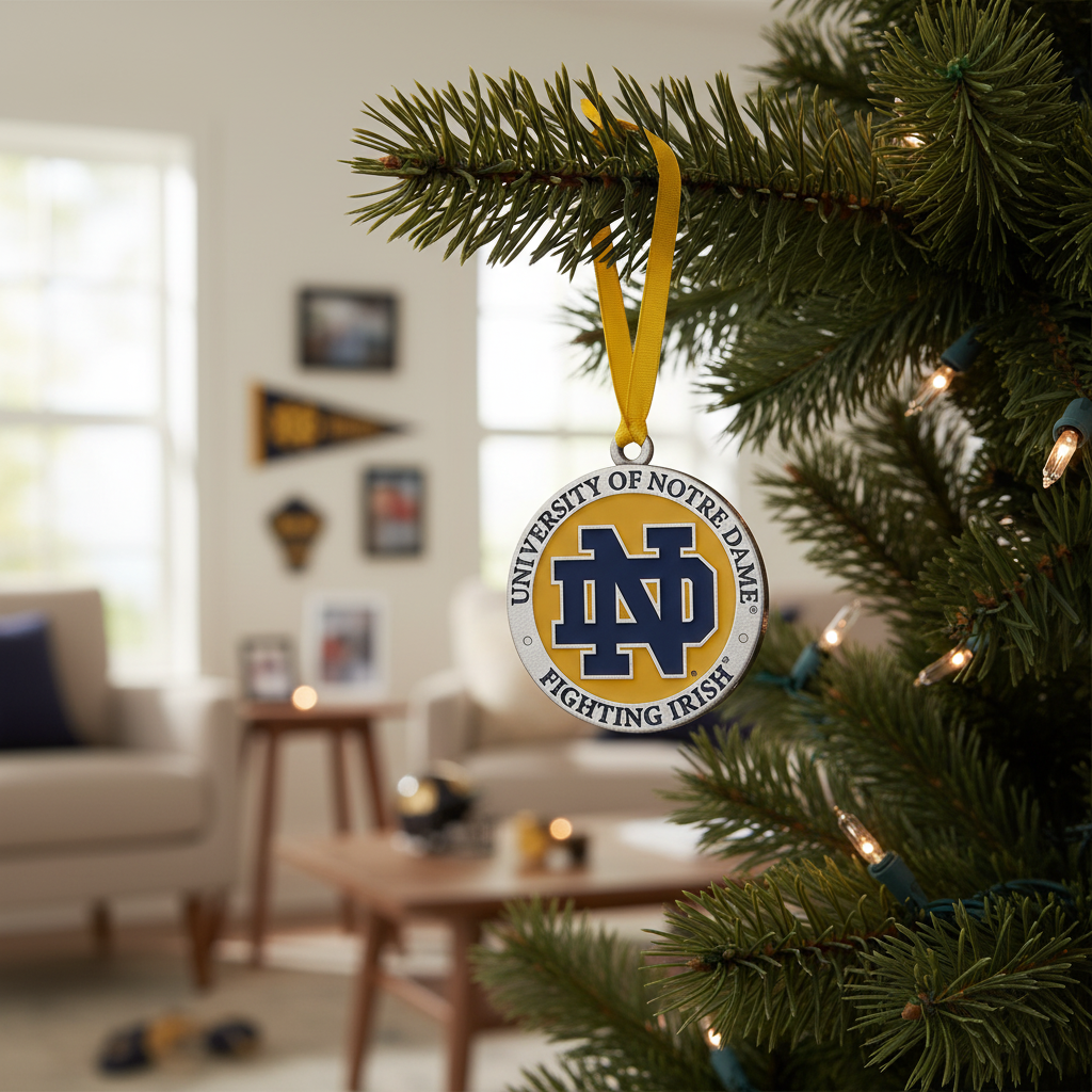 Ornament with University of Notre Dame logo and text on a white background