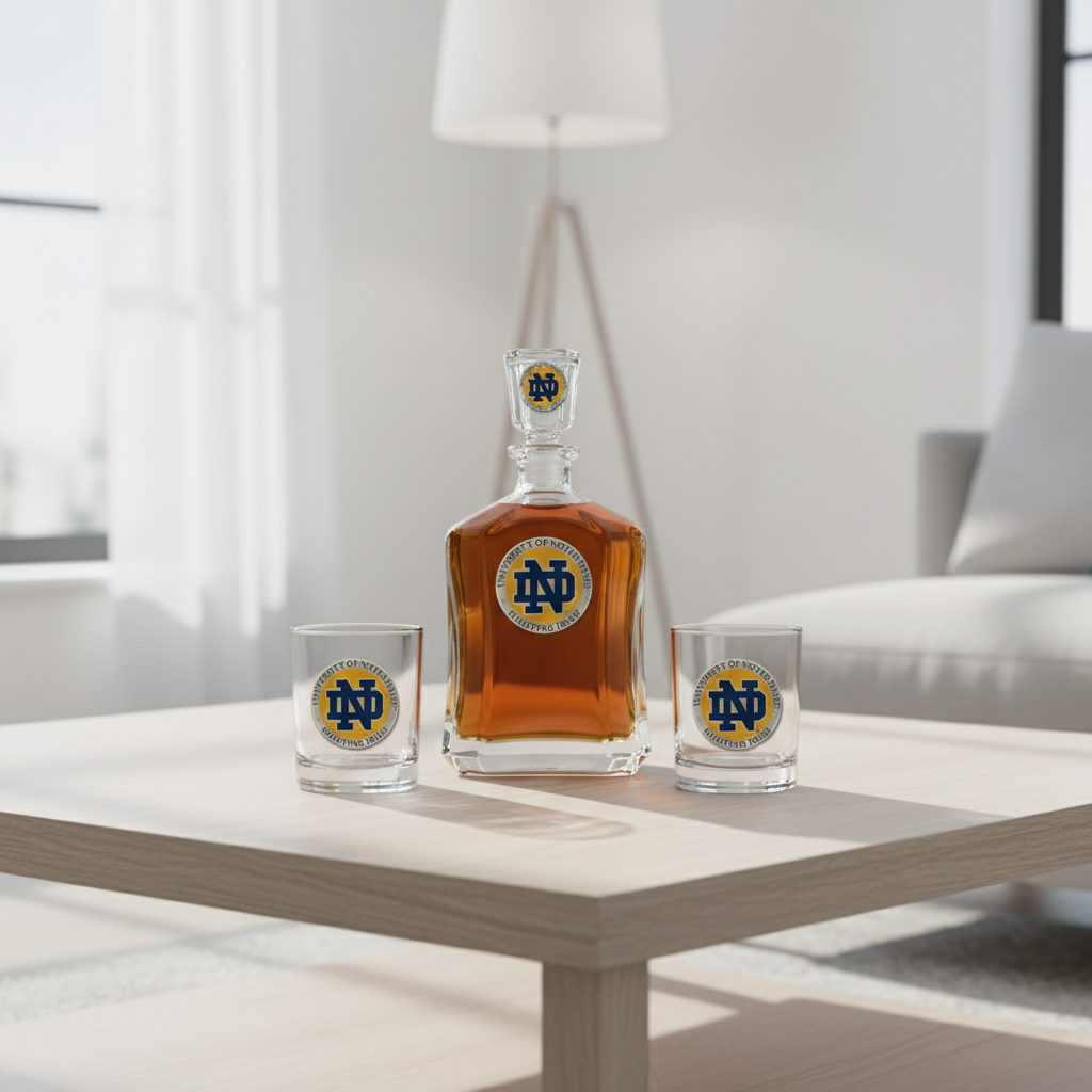 University of Notre Dame decanter and glasses with logo on a white background