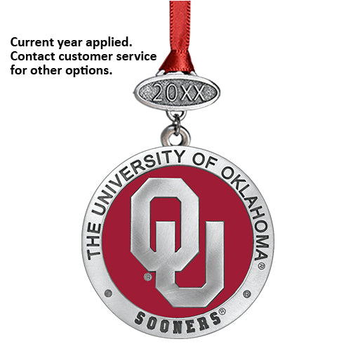 University of Oklahoma ornament with red ribbon on a white background