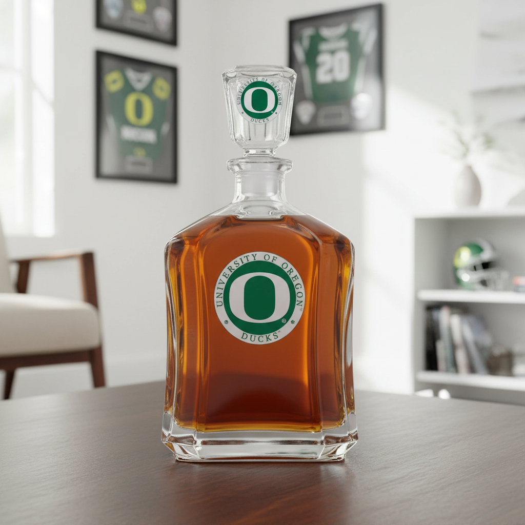 Glass decanter with University of Oregon logo on a white background