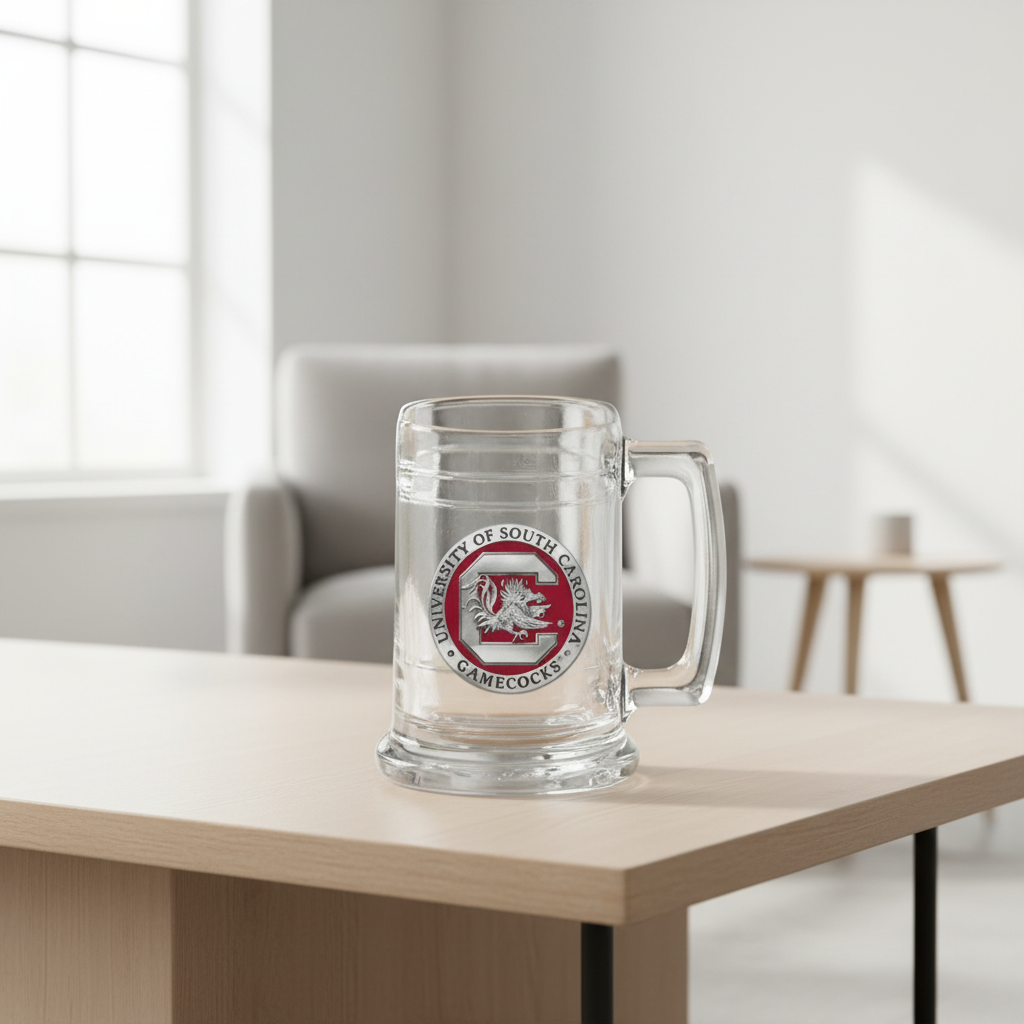 Glass mug with University of South Carolina Gamecocks logo on a white background