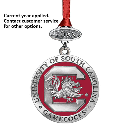 University of South Carolina Gamecocks ornament with red ribbon on a white background