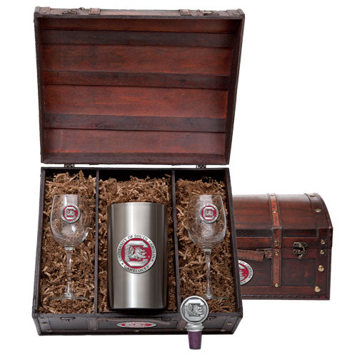 Alcohol gift set with a wooden case, tumbler, and glasses on a white background