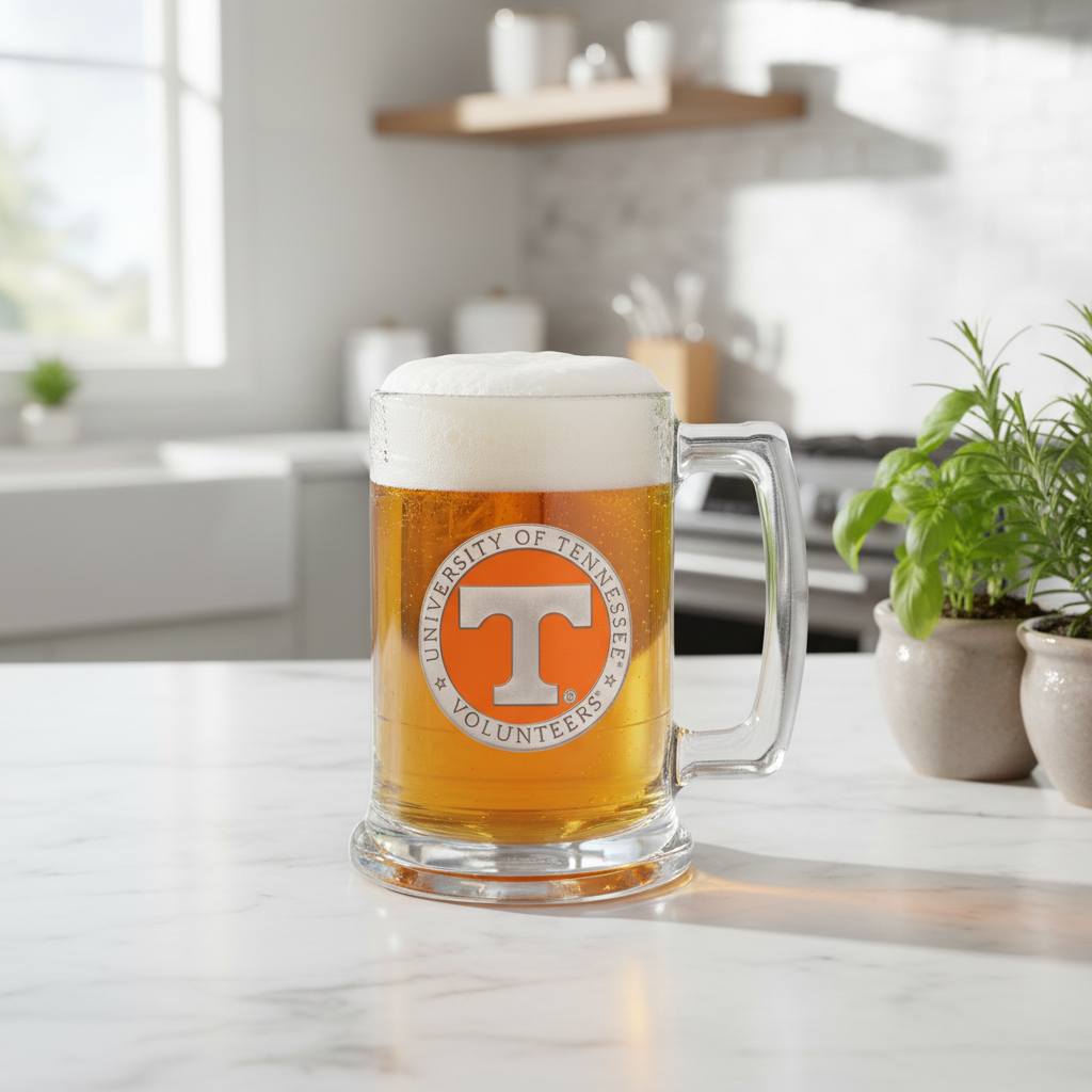 A clear glass stein with a white handle and a 3D pewter casting of the University of Tennessee logo in orange and white.