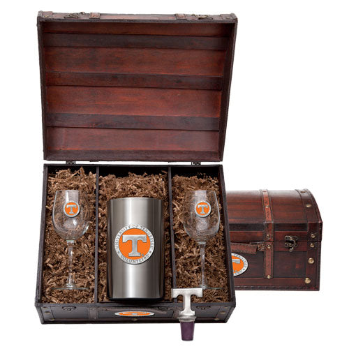 Gift set with a tumbler and two glasses in a wooden case, featuring a logo.