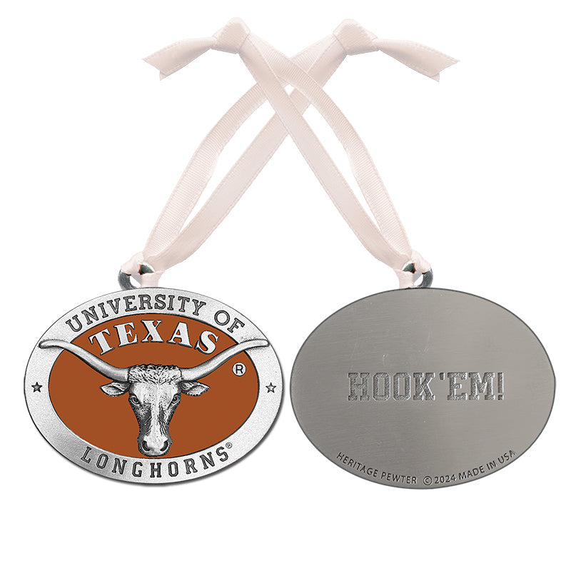 Medal with University of Texas Longhorns logo and 'Hook 'Em!' text on a white background