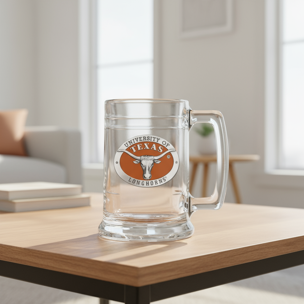 Glass mug with University of Texas Longhorns logo on a white background