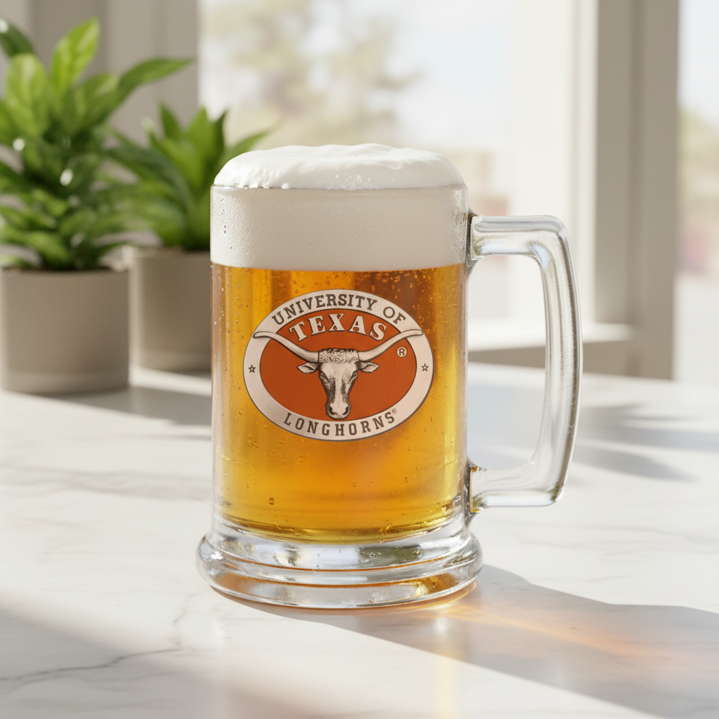 A clear glass stein with a University of Texas at Austin logo in the center, featuring intricate pewter detailing around the border.