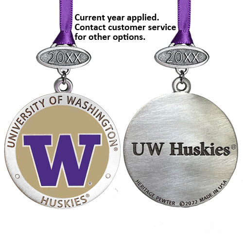Two University of Washington Huskies medals with purple ribbons on a white background.