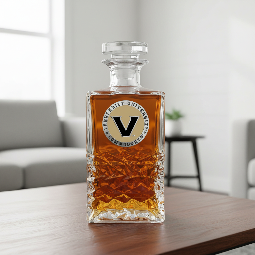 Vanderbilt University decanter with diamond pattern and logo on a white background