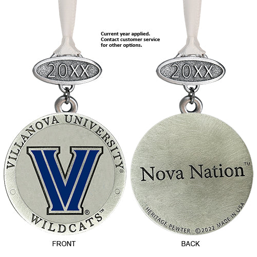 Two sides of a Villanova University ornament with 'Nova Nation' text and logo.